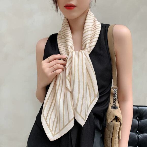 2/$30 NEW Tan Cream Line Art Abstract Printed Silky Fashion Scarf - Picture 1 of 8